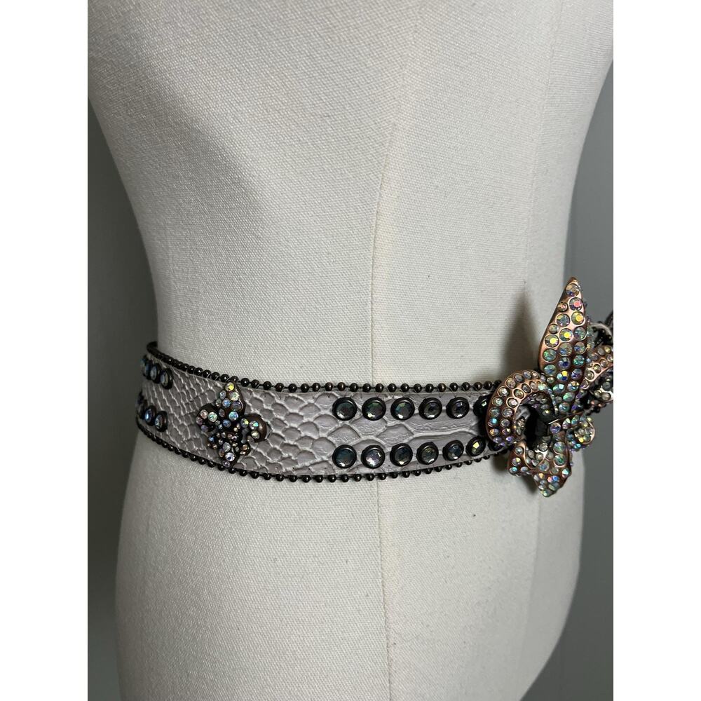 Nocona Leather Belt Womens Large White Western Fleur De Lis Rhinestone Studded - Picture 8 of 8